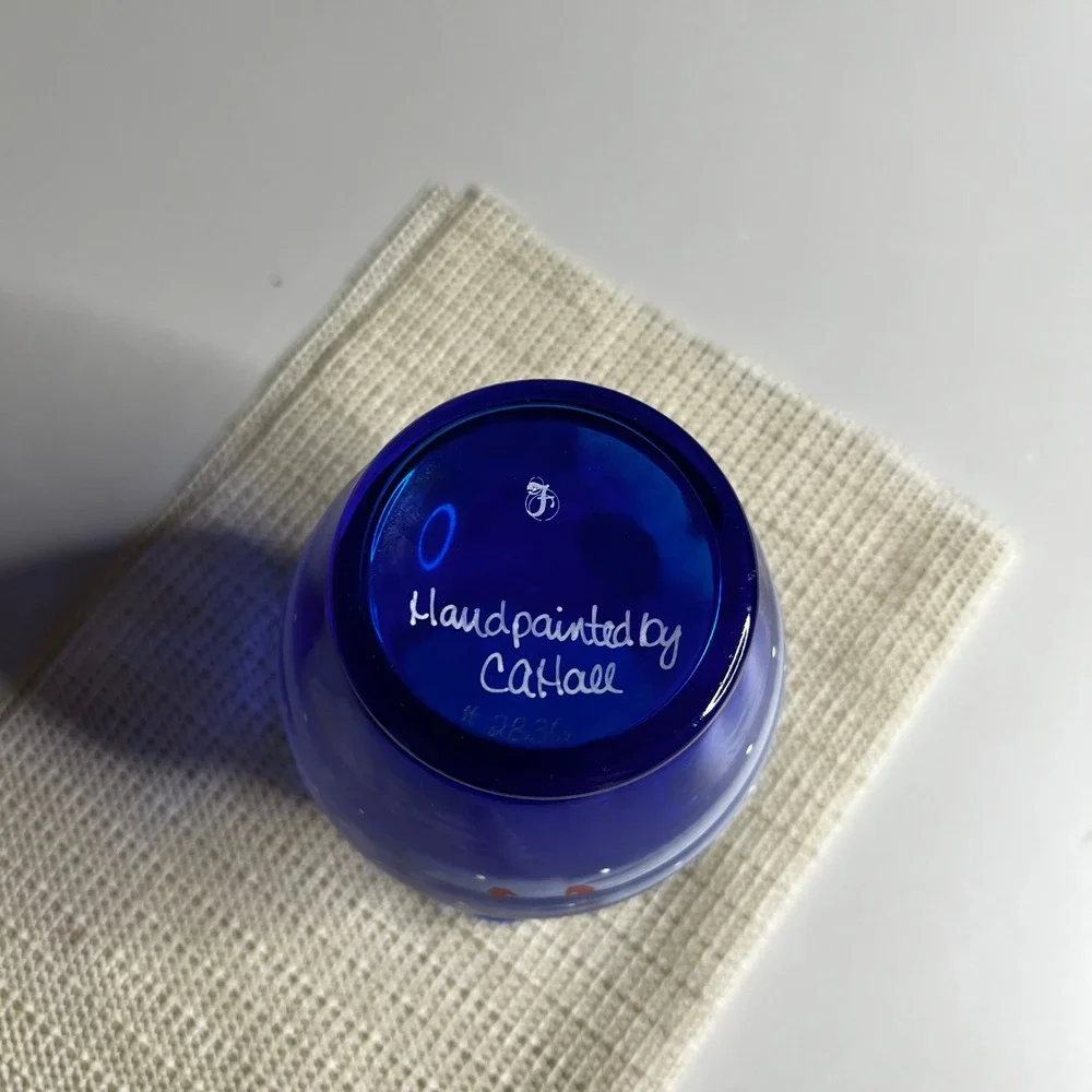 Fenton Cobalt Blue Glass Ruffled Vase Hand Painted Artist Signed C‎ A Hall